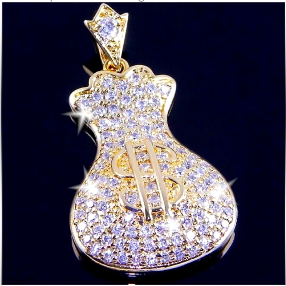 NEW Micro Pave Set Cz Cubic zirconia MS MONEY BAGS Pendant Slide Medallion Gold